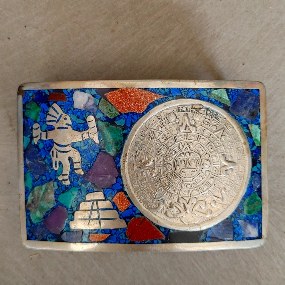 Aztec Mosaic Belt Buckle with Blue and Gold Accents